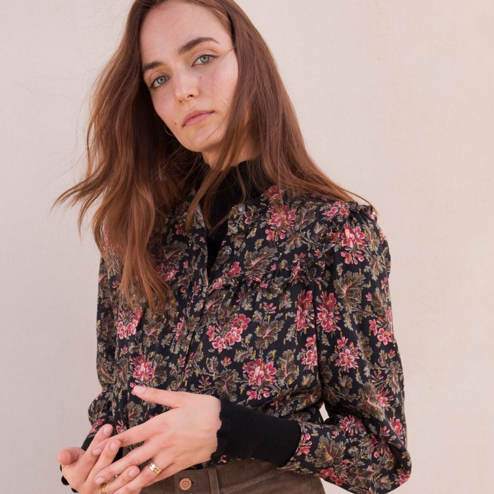 Rebecca Taylor Black Floral Ruffle-Trim Blouse